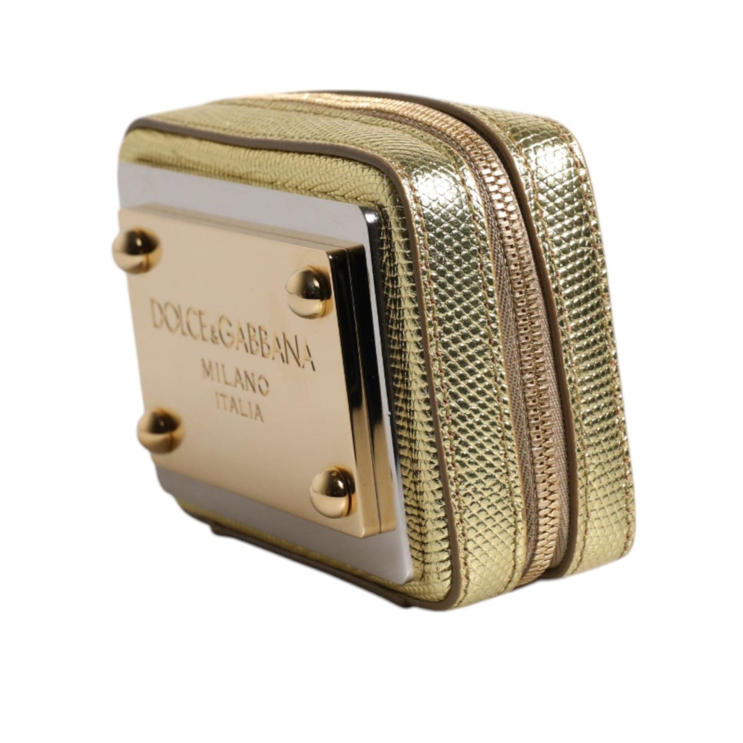 Dolce & Gabbana Gold Leather DG Logo Plaque Zip Around Clutch Bag