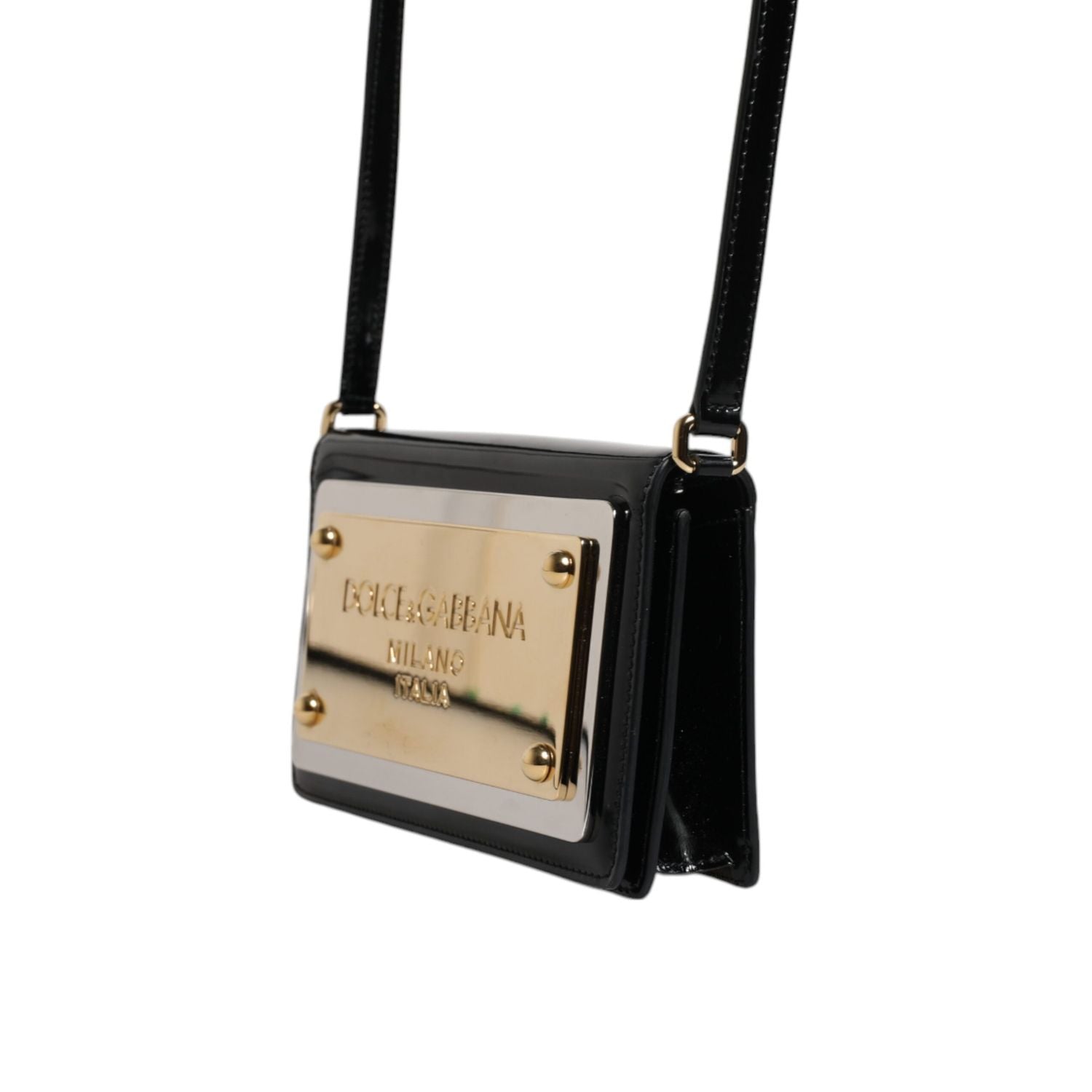 Dolce & Gabbana Black Patent Leather Logo Plaque Crossbody Bag