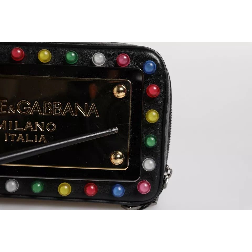 Dolce & Gabbana Black Leather LED Logo Wrist Strap Clutch Bag