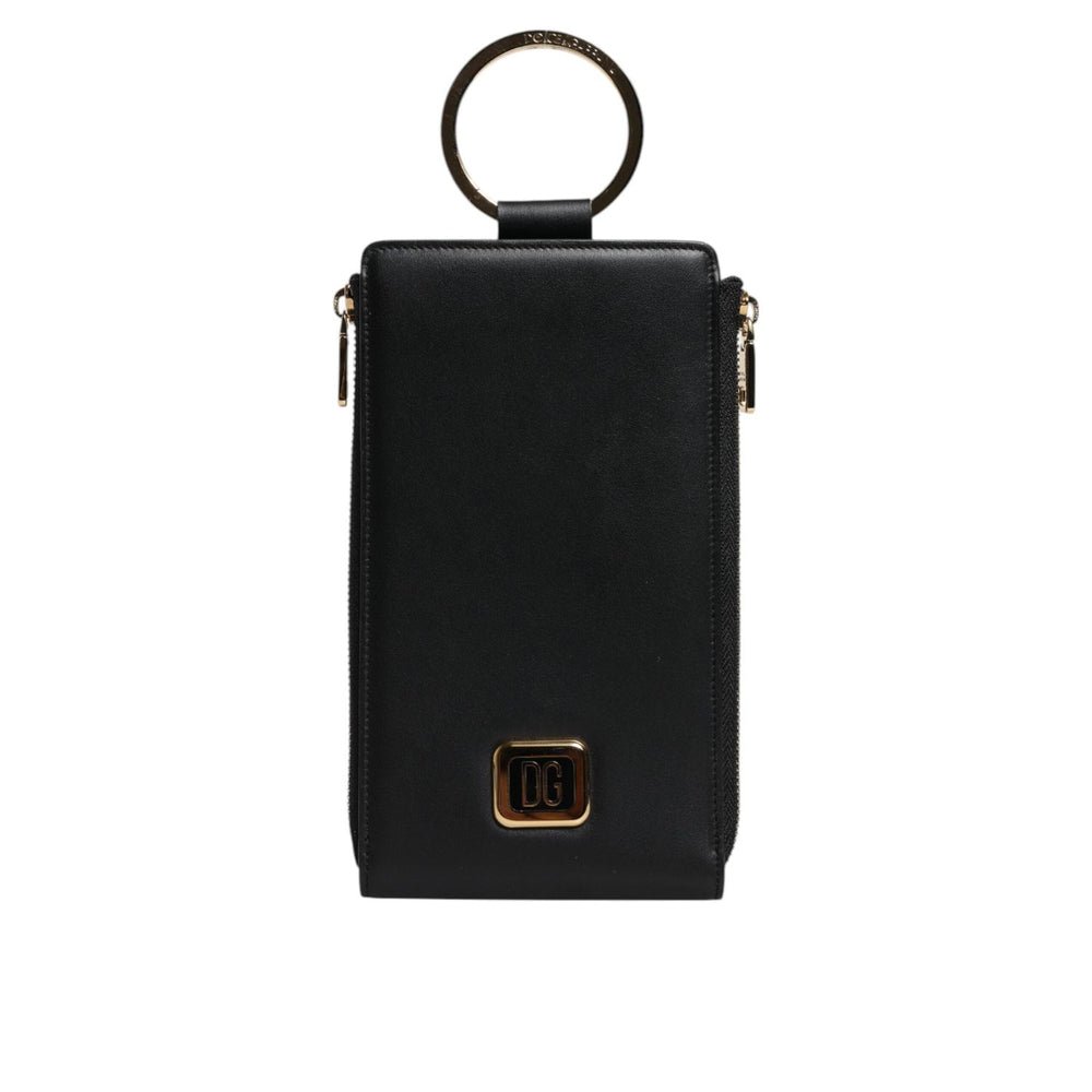 Dolce & Gabbana Black Leather Logo Plaque Neck Strap Card Coin Wallet