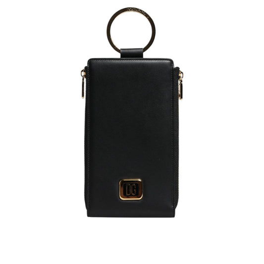 Dolce & Gabbana Black Leather Logo Plaque Neck Strap Card Coin Wallet