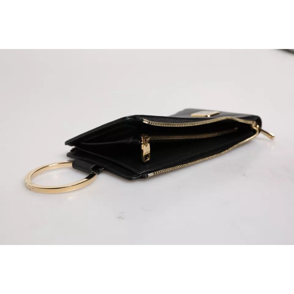 Dolce & Gabbana Black Leather Logo Plaque Neck Strap Card Coin Wallet