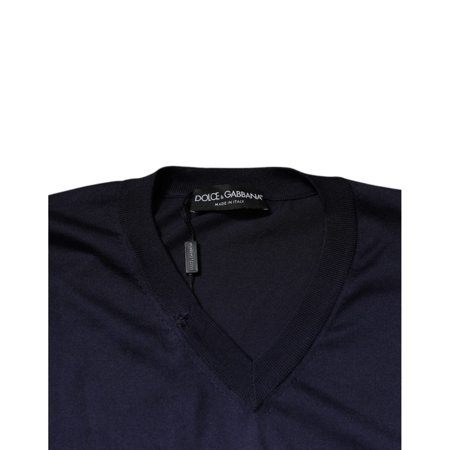 Dolce & Gabbana Navy Blue Silk V-neck Pullover Sweater