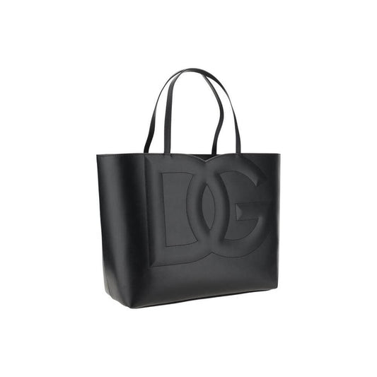 Dolce & Gabbana calfskin handbag with embossed DG logo, double top handles, and interior magnetic closure, featuring a zipper pocket.