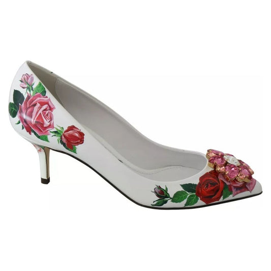 Dolce & Gabbana White Leather Roses Crystal Pumps Shoes 1728,67345645728,Dolce & Gabbana,EU35/US4.5,Material: 100% Leather,Preowned / Defect,Pumps - Women - Shoes,Shoes,White,Women,Women - Shoes Dolce & Gabbana LA7527-35