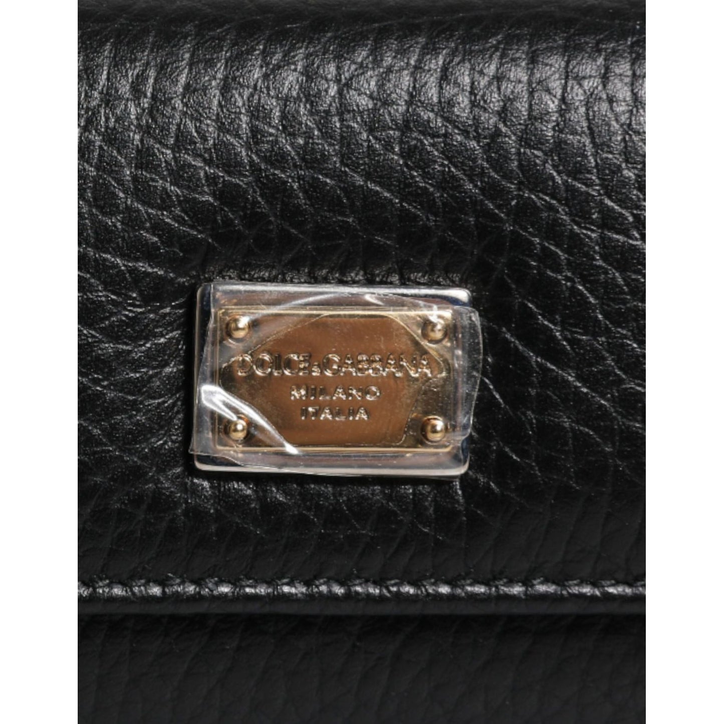 Dolce & Gabbana Black Leather Gold Metal Logo Plaque Trifold Keyring