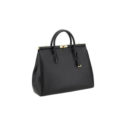 Dolce & Gabbana Marlene Handbag in black leather with tubular top handles and gold-plated metal swivel closure.