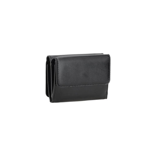 Chloé Logo Wallet, black trifold design with dual compartments and coin section, featuring front iconic brand logo and snap button closure.