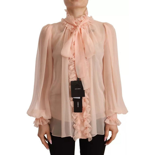 Dolce & Gabbana Light Pink Silk Long Sleeve Ascot Collar Top 1728,67345645728,Clothing,Dolce & Gabbana,IT36 | XS,Material: 100% Silk,Pink,Preowned / Defect,Tops & T-Shirts - Women - Clothing,Women,Women - Clothing Dolce & Gabbana TSH7051-36