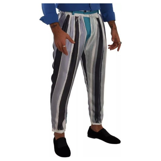 Dolce & Gabbana Blue Striped Silk Tapered Pants 1728,67345645728,Clothing,Dolce & Gabbana,IT46 | S,Jeans & Pants - Men - Clothing,Material: 100% Silk,Men,Men - Clothing,Multicolor,Preowned / Defect Dolce & Gabbana PAN72947-46