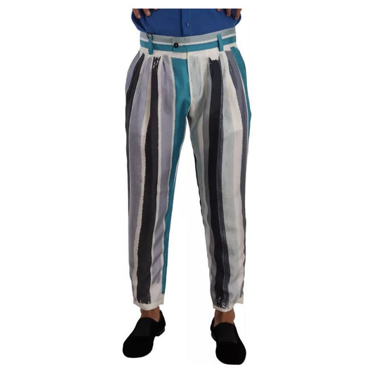 Dolce & Gabbana Blue Striped Silk Tapered Pants 1728,67345645728,Clothing,Dolce & Gabbana,IT46 | S,Jeans & Pants - Men - Clothing,Material: 100% Silk,Men,Men - Clothing,Multicolor,Preowned / Defect Dolce & Gabbana PAN72947-46