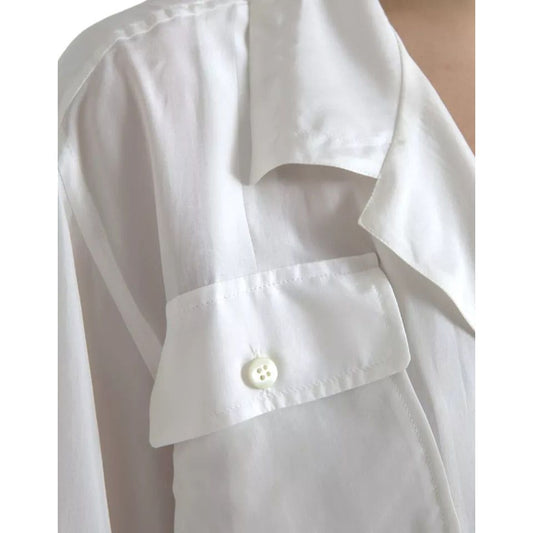 Dolce & Gabbana White Silk Collared 3/4 Sleeves Blouse Top 1728,67345645728,Clothing,Dolce & Gabbana,IT48 | XL,Material: 100% Silk,Preowned / Defect,Tops & T-Shirts - Women - Clothing,White,Women,Women - Clothing Dolce & Gabbana TSH84786-48