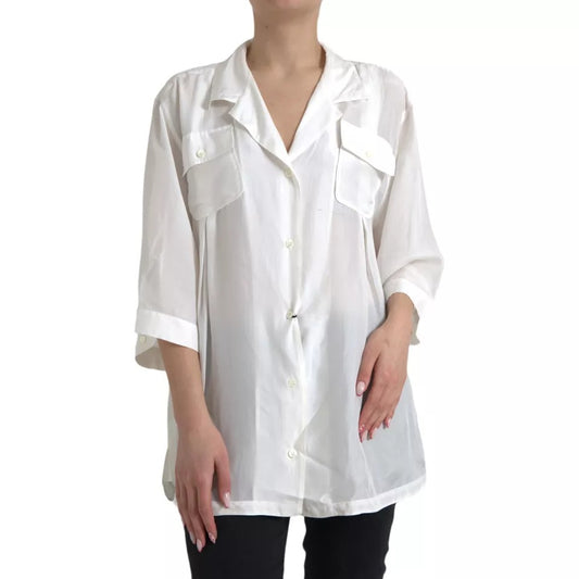 Dolce & Gabbana White Silk Collared 3/4 Sleeves Blouse Top 1728,67345645728,Clothing,Dolce & Gabbana,IT48 | XL,Material: 100% Silk,Preowned / Defect,Tops & T-Shirts - Women - Clothing,White,Women,Women - Clothing Dolce & Gabbana TSH84786-48