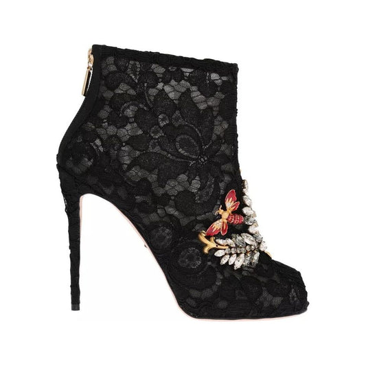 Dolce & Gabbana Black Crystal Lace Booties Stilettos Shoes 1728,4% PA,63% Viscose,67345645728,Black,Boots - Women - Shoes,Dolce & Gabbana,EU38.5/US8,Material: 33% Cotton,Preowned / Defect,Shoes,Women,Women - Shoes Dolce & Gabbana LA3569-38.5