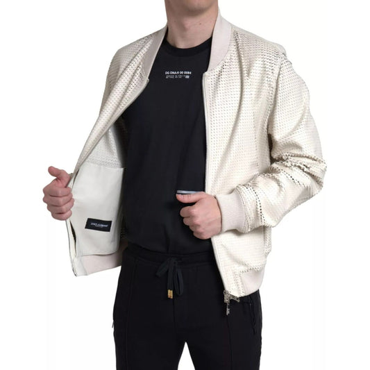 Dolce & Gabbana Off White LeatherPerforated Full Zip Jacket 1728,67345645728,Clothing,Dolce & Gabbana,IT54 | XL,Jackets - Men - Clothing,Men,Men - Clothing,Off White,Preowned / Defect Dolce & Gabbana JKT3658-54