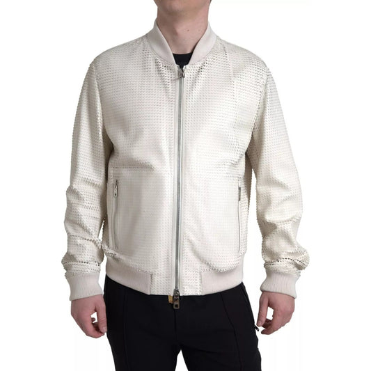 Dolce & Gabbana Off White LeatherPerforated Full Zip Jacket 1728,67345645728,Clothing,Dolce & Gabbana,IT54 | XL,Jackets - Men - Clothing,Men,Men - Clothing,Off White,Preowned / Defect Dolce & Gabbana JKT3658-54