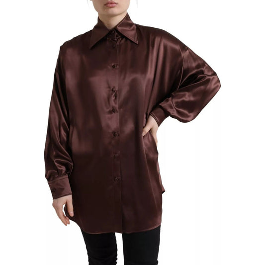 Dolce & Gabbana Brown Silk Collared Long Sleeves Top Blouse 1728,67345645728,Brown,Clothing,Dolce & Gabbana,IT36 | XS,Preowned / Defect,Shirts - Women - Clothing,Women,Women - Clothing Dolce & Gabbana TSH84241-36