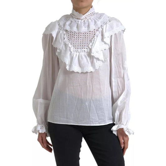 Dolce & Gabbana White Cotton Lace Trim Turtle Neck Blouse 1728,67345645728,Clothing,Dolce & Gabbana,IT46|XL,Preowned / Defect,Shirts - Women - Clothing,White,Women,Women - Clothing Dolce & Gabbana TSH83735-46