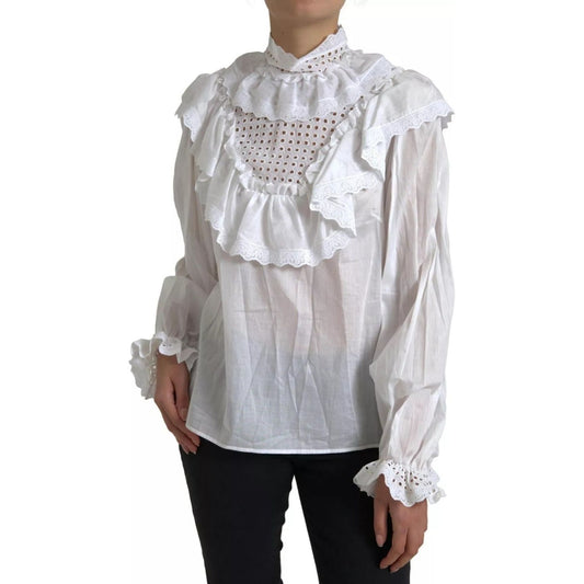 Dolce & Gabbana White Cotton Lace Trim Turtle Neck Blouse 1728,67345645728,Clothing,Dolce & Gabbana,IT46|XL,Preowned / Defect,Shirts - Women - Clothing,White,Women,Women - Clothing Dolce & Gabbana TSH83735-46