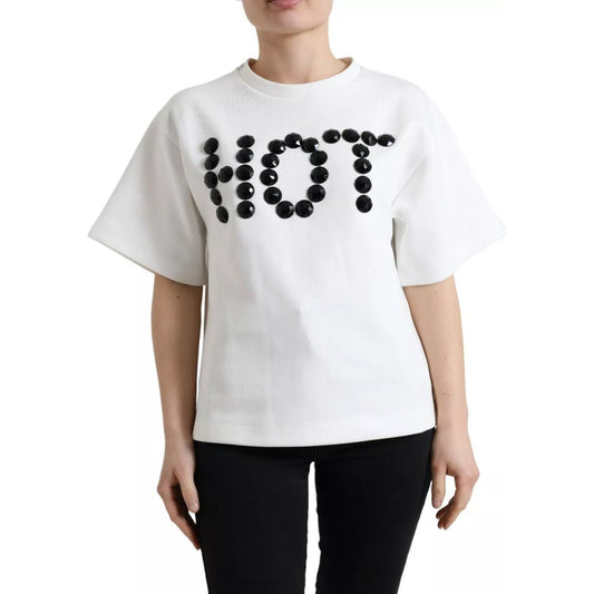 Dolce & Gabbana White Cotton Stretch Black HOT Crystal T-shirt 1728,67345645728,Clothing,Dolce & Gabbana,M,Preowned / Defect,Tops & T-Shirts - Women - Clothing,White,Women,Women - Clothing Dolce & Gabbana TSH99919-M