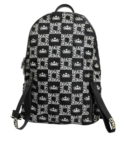 Dolce & Gabbana Black White Crown Printed Nylon School Backpack Bag BAG1666
