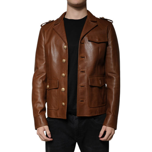 Dolce & Gabbana Brown Calfskin Leather Button Down Jacket 1728,67345645728,Brown,Clothing,Dolce & Gabbana,IT50 | L,Jackets - Men - Clothing,Material: 100% Calf Leather,Men,Men - Clothing,Preowned / Defect Dolce & Gabbana JKT3447-50