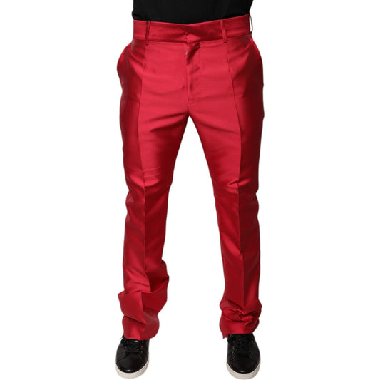 Dolce & Gabbana Red Silk Slim Fit Mid Waist Dress Formal Pants