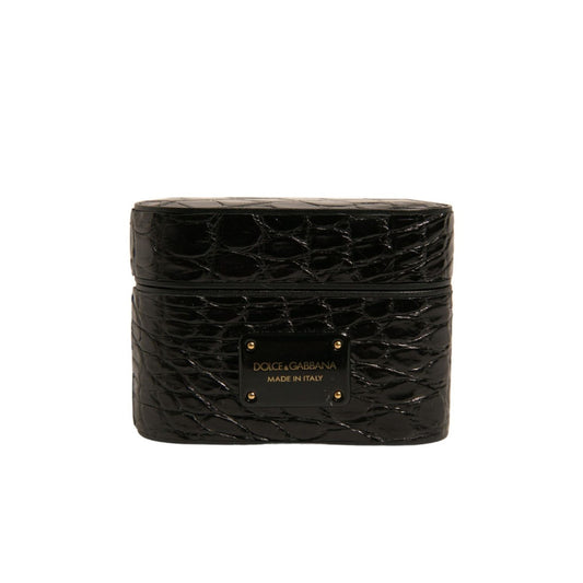 Dolce & Gabbana Black Leather Metal Logo Plaque Holder Airpods Case