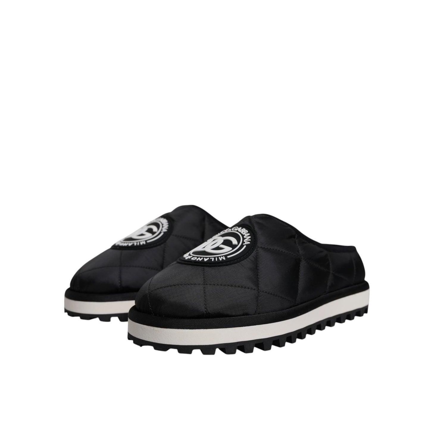 Dolce & Gabbana Black Nylon Quilted Logo Patch Sandals Slides Shoes