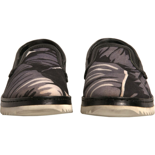 Dolce & Gabbana Black Canvas Tropical Print Slip On Shoes