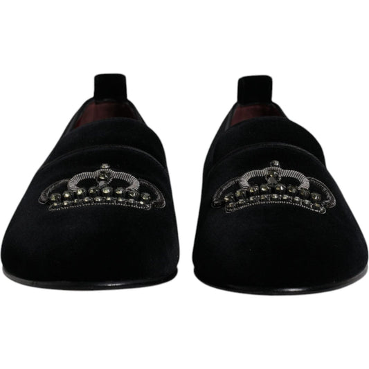 Dolce & Gabbana Black Velvet Crystal Crown Loafers Formal Dress Shoes 1728,67345645728,Black,Dolce & Gabbana,EU39/US6,EU41/US8,Loafers - Men - Shoes,Material: 100% Cotton,Men,Men - Shoes,New with tags,Shoes Dolce & Gabbana MV6778#2-39