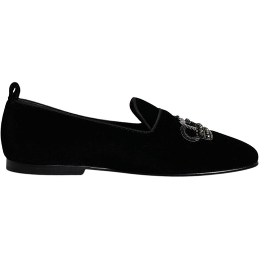 Dolce & Gabbana Black Velvet Crystal Crown Loafers Formal Dress Shoes