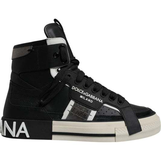 Dolce & Gabbana Black Silver Leather High Top Sneaker Shoes