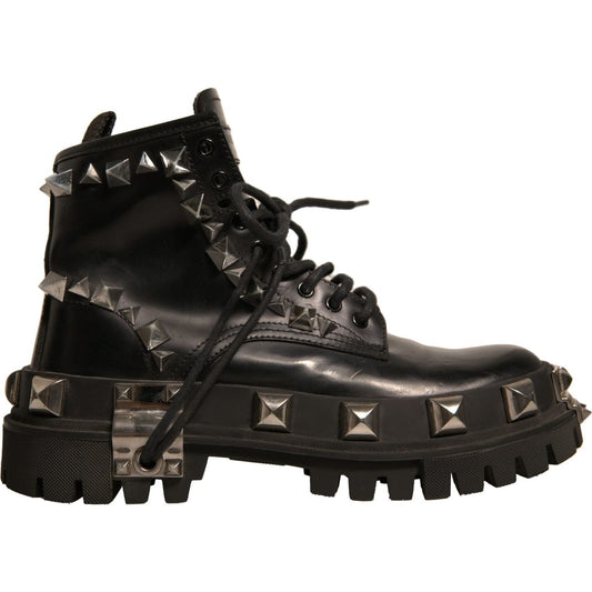 Dolce & Gabbana Black Leather Studded Trekking Boots Shoes