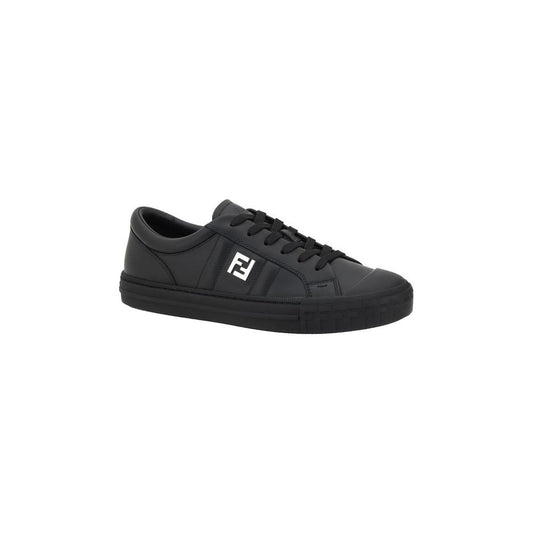 Fendi Domino black leather sneakers with lace-up closure, featuring iconic logo and flat sole for comfort and style.