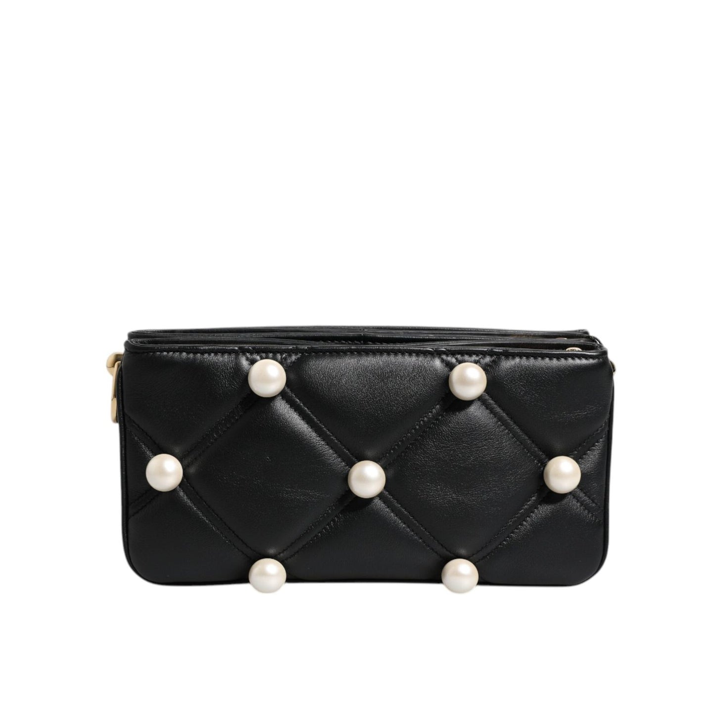Dolce & Gabbana Black Leather Pearl Embellished Logo Shoulder Bag BAG4017