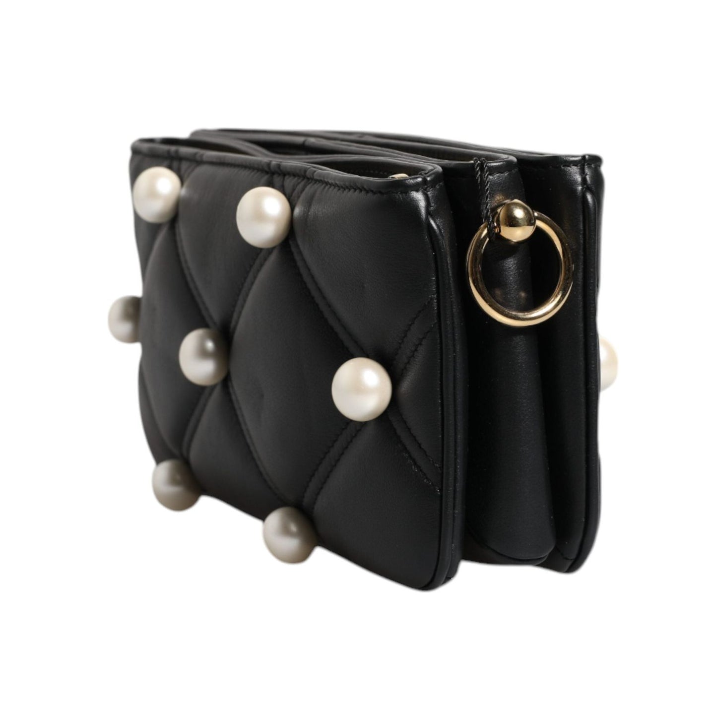 Dolce & Gabbana Black Leather Pearl Embellished Logo Shoulder Bag BAG4017