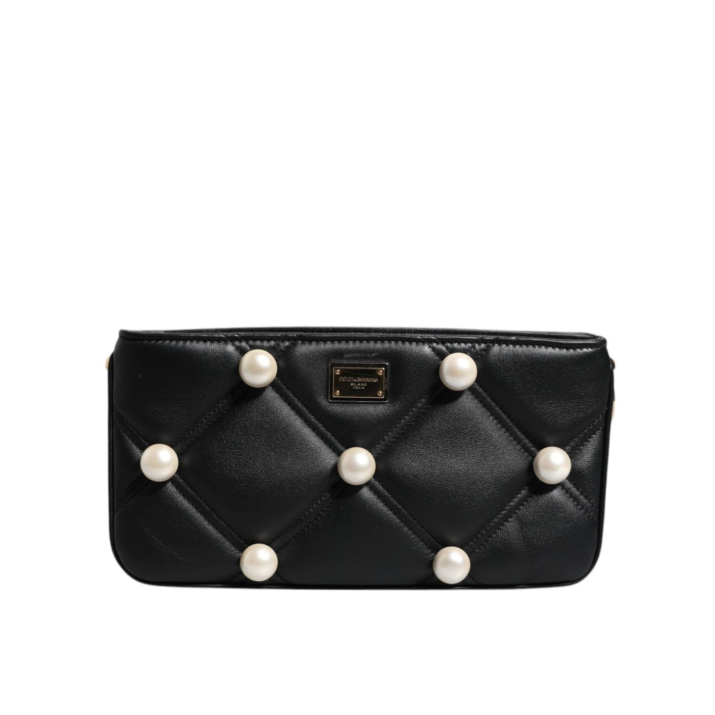 Dolce & Gabbana Black Leather Pearl Embellished Logo Shoulder Bag BAG4017