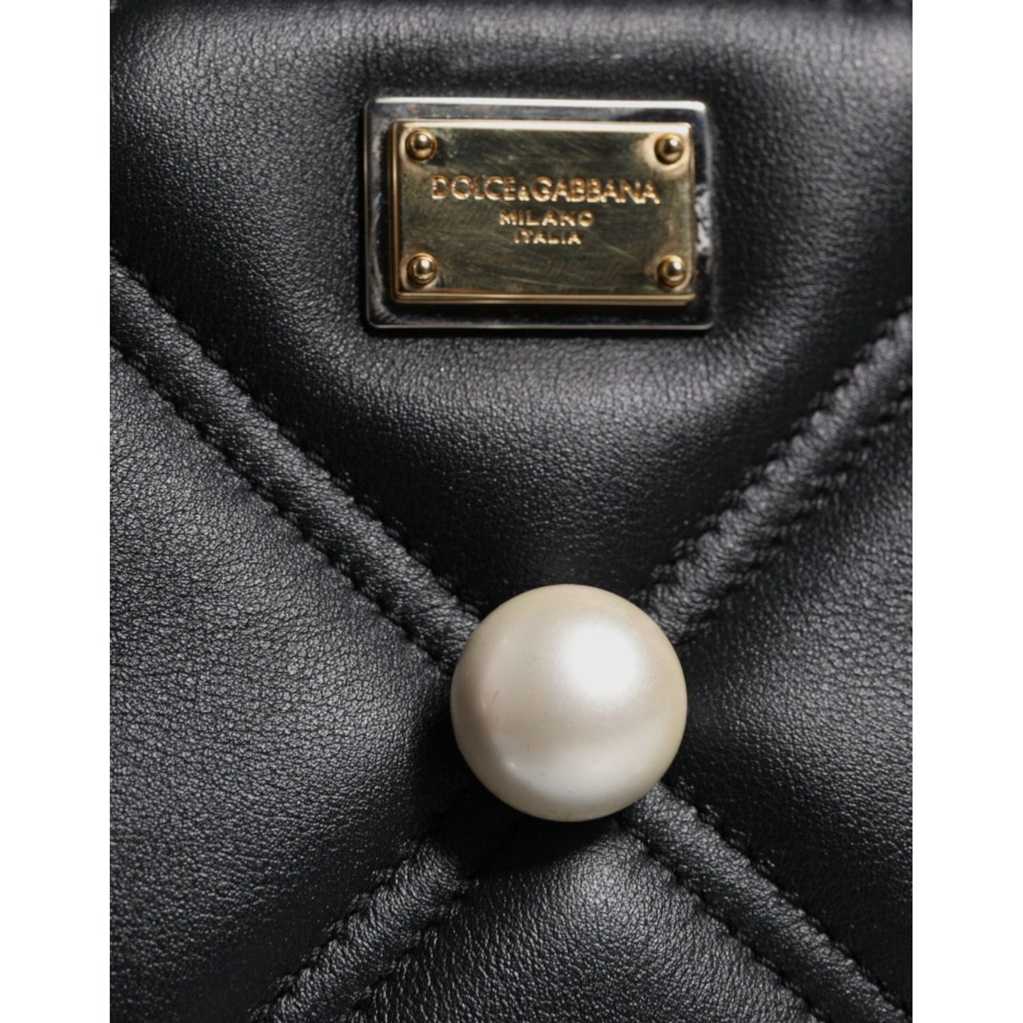 Dolce & Gabbana Black Leather Pearl Embellished Logo Shoulder Bag BAG4017
