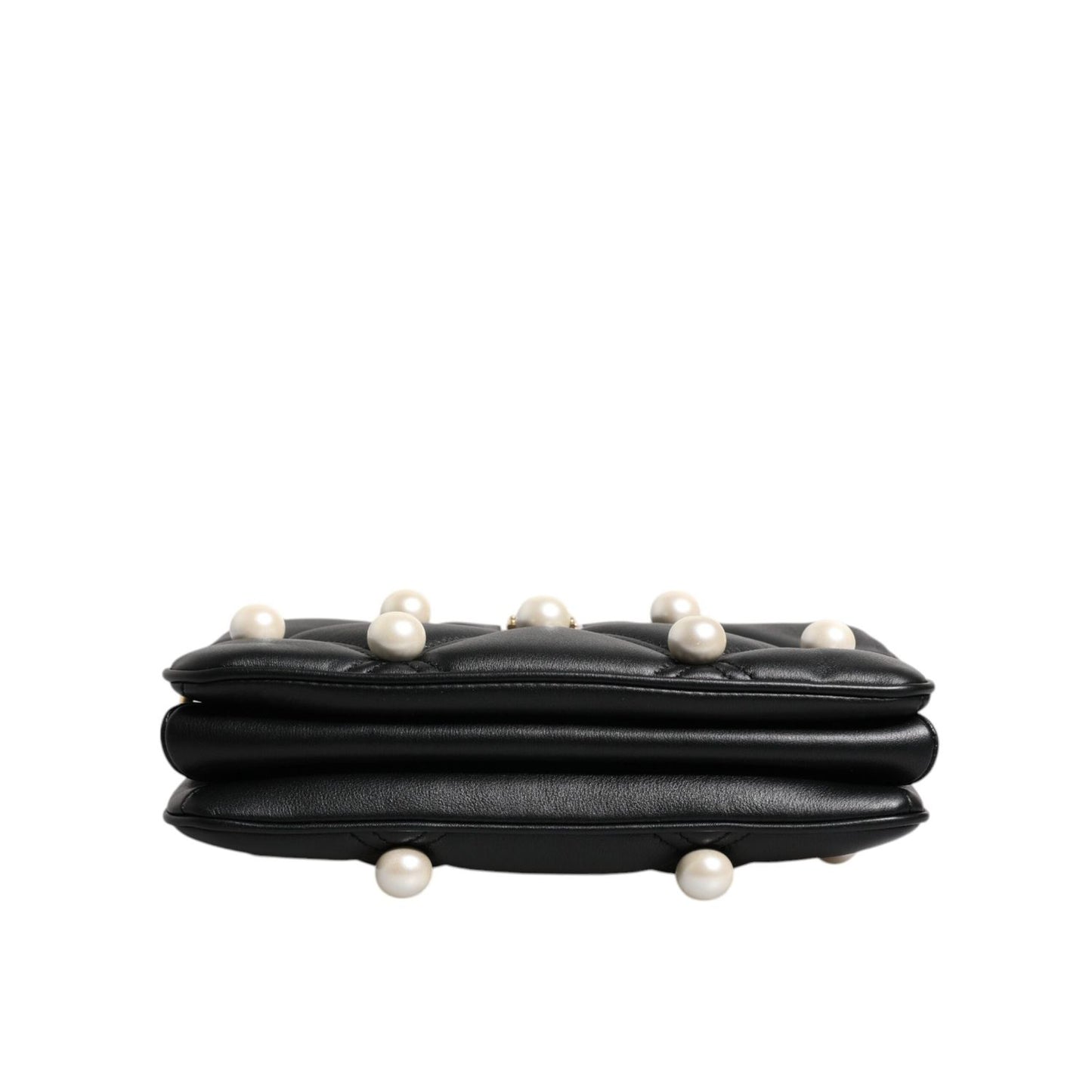 Dolce & Gabbana Black Leather Pearl Embellished Logo Shoulder Bag BAG4017