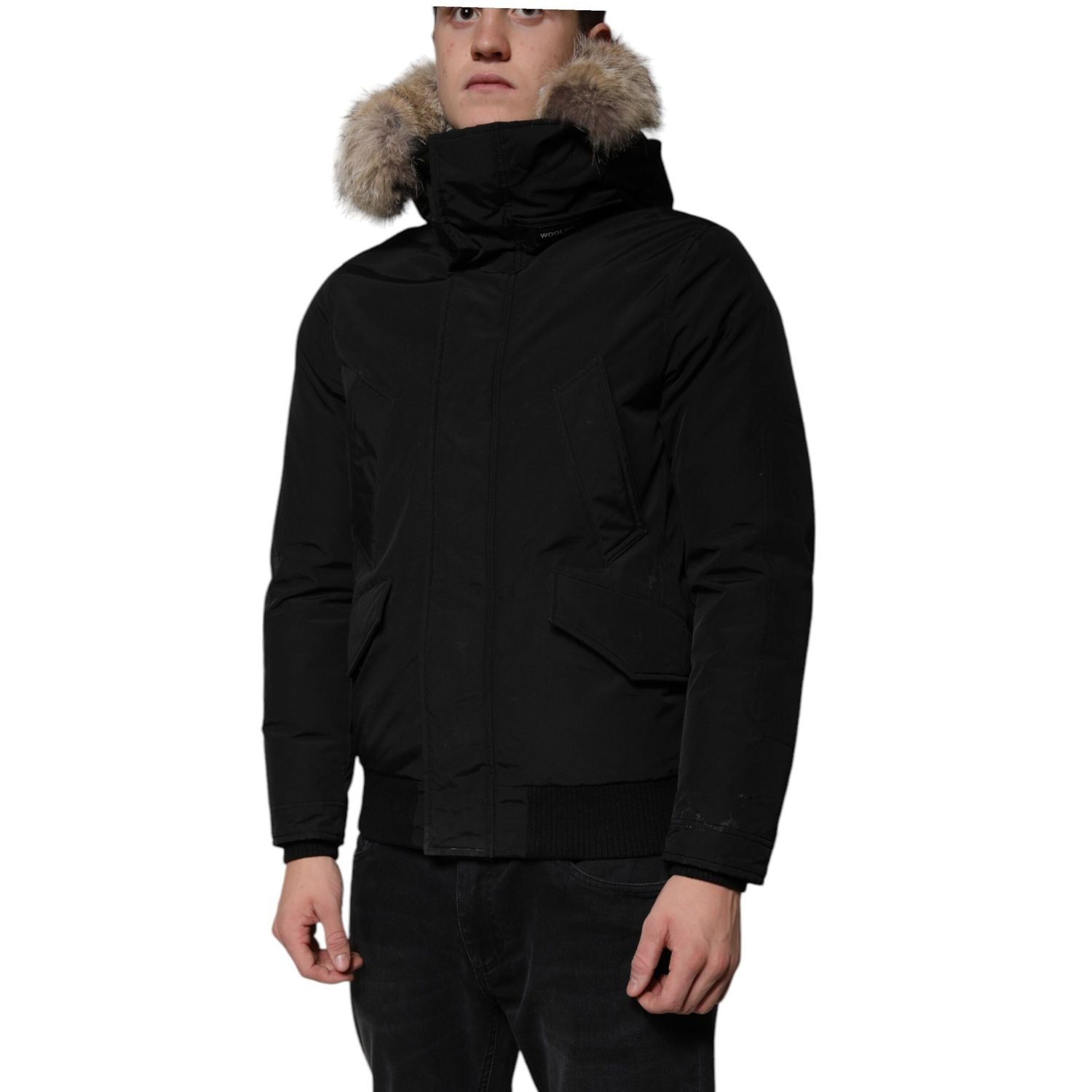 Woolrich Black Hooded Long Sleeves Fur Shearling Coat Jacket
