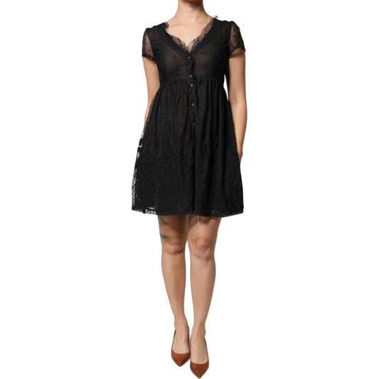 Blugirl Black Short Sleeves Floral Lace Trim A-line Mini Dress 1728,67345645728,Black,Blugirl,Clothing,Dresses - Women - Clothing,IT42|M,Preowned / Defect,Women,Women - Clothing Blugirl DR281359-42