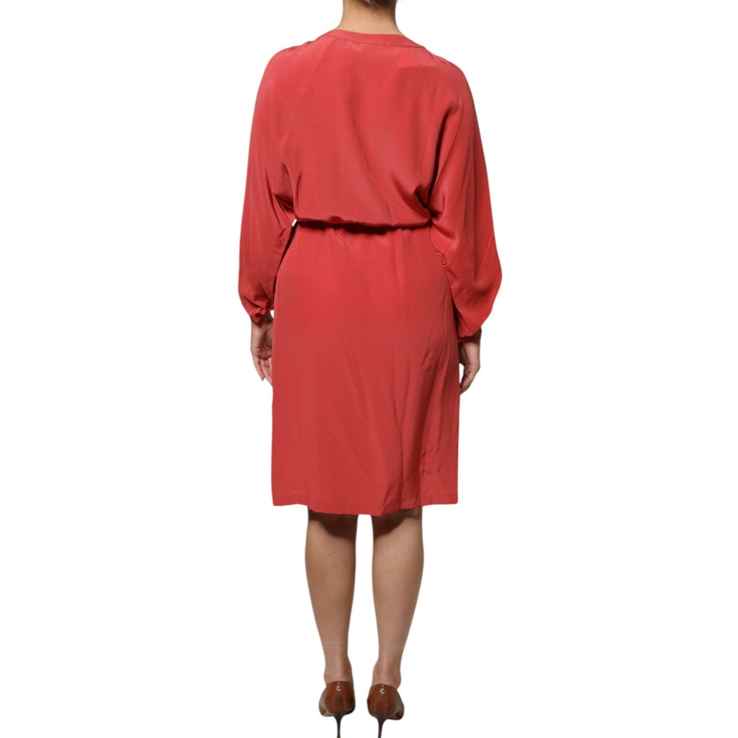 Peserico Red Long Sleeves Pencil Cut Drawstring Waist Dress