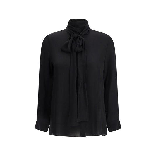 Khaite Tash Silk Shirt in black with concealed button front and self-tie sash collar, featuring adjustable cuffs and semi-sheer design.