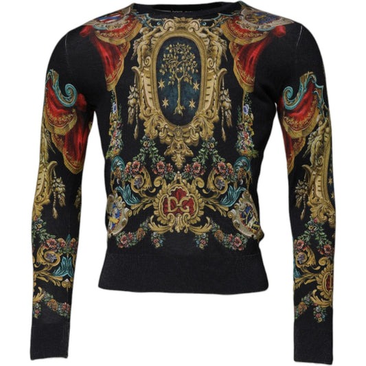 Dolce & Gabbana Black Heraldic DG Silk Round Neck Pullover Sweater