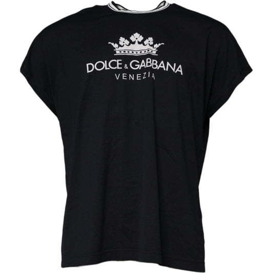 Dolce & Gabbana Dark Blue Logo Crown Cotton Crew Neck T-shirt