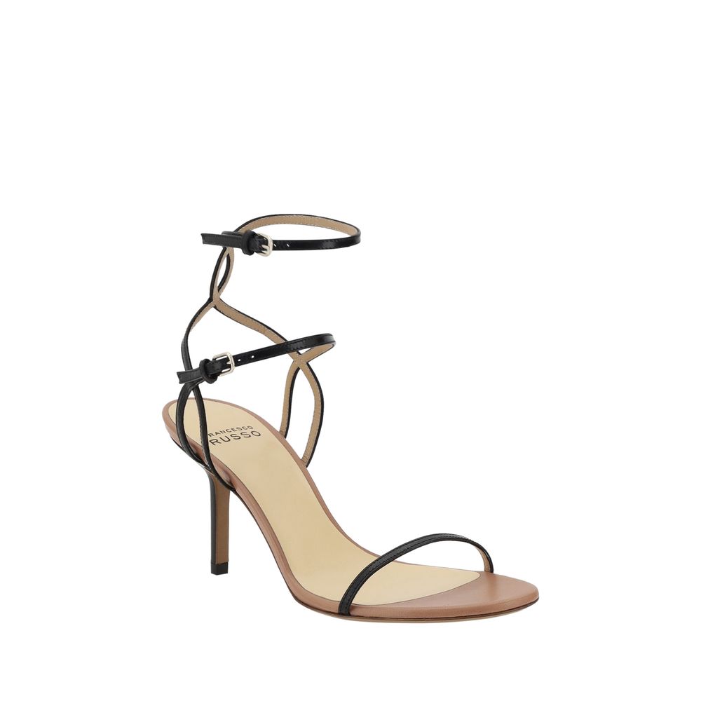 Francesco Russo Black Calf Leather Bos Taurus Stiletto Heel Sandals