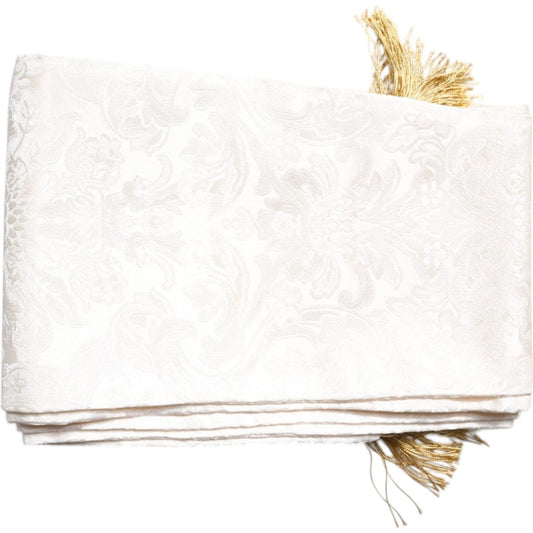 Dolce & Gabbana White Floral Jacquard Skinny Fringes Scarf 1728,67345645728,Accessories,Dolce & Gabbana,Material: 100% Silk,Men,Men - Accessories,New with tags,Scarves - Men - Accessories,White Dolce & Gabbana MS7188