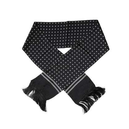 Dolce & Gabbana Black White Polka Dotted Silk Skinny Fringes Scarf