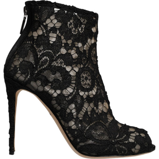 Dolce & Gabbana Black Floral Lace Heels Ankle Boots Shoes